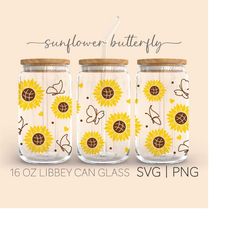 sunflower butterfly  16 oz glass can cut file, floral beer can glass, libbey glass, sunflowers svg, cricut cut file svg,