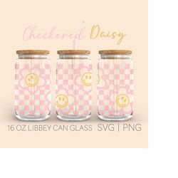 checkered retro flower libbey can glass svg, 16 oz can glass, checkered svg, can glass wrap svg, cricut cut file, coffee