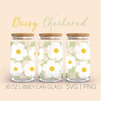 daisy checkered libbey can glass svg, 16 oz can glass, checkered svg, daisy svg, retro flowers svg, flower can glass svg