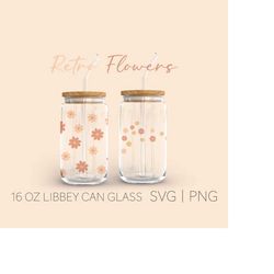 retro flowers libbey can glass svg, 16 oz can glass, floral seamless wrap svg, boho style art, digital download