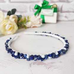 lapis lazuli hair jewelry, navy blue boho wedding headband crown, gemstone crystal bling hair piece, bridal beaded tiara