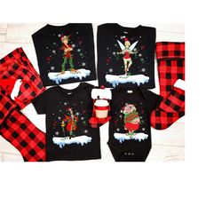 disney peter pan characters christmas lights shirt, disneyland xmas snow matching shirts, tinker bell, captain hook, sme