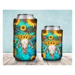 skull sunflowers turquoise can cooler png sublimation design, bull skull can holder, 12 oz. can cooler template, can coo