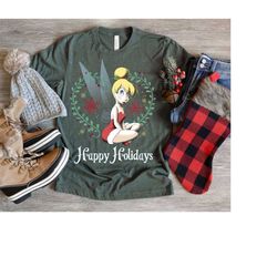 disney peter pan tinkerbell happy holidays graphic t-shirt, santa tinkerbell christmas tee, disneyland christmas matchin