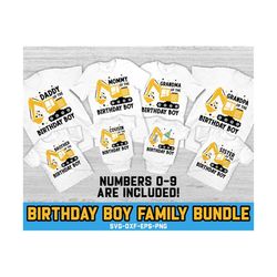 excavator birthday boys svg, family bundle svg, construction svg, kids birthday matching shirts, svg files for cricut