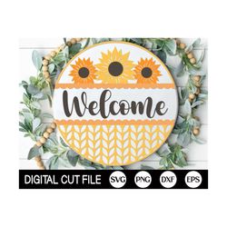 fall welcome sign, round sunflower door hanger svg, autumn sign svg, farmhouse fall door decor, glowforge, png, svg file