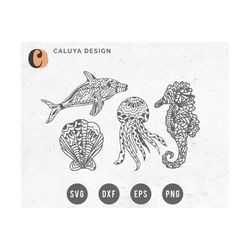 free svg & png link | zentangle sea animals cut files, svg, png, dxf, eps | commercial use | circuit, cameo silhouette |