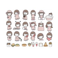 cute girl and food clipart kawaii, illustration ,for stickers planner.vector illustration