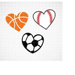 soccer heart svg, basketball heart svg, baseball heart svg, png, dxf, ball heart svg, game day svg