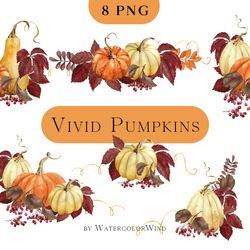 watercolor pumpkin clipart  half wreaths, corners, borders