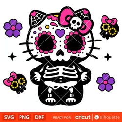 day of the dead hello kitty svg, skeleton kitty svg, kitty dia de los muertos svg, kawaii svg, cricut, silhouette vector