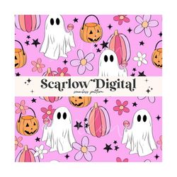 floral ghost seamless pattern-halloween sublimation digital design download-groovy ghost seamless, hippie ghost seamless