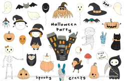 kawaii funny halloween elements set with haunted house, pumpkins, ghosts, cat, and mummy