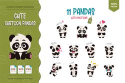 11 cute cartoon pandas. t-shirt, png, svg.