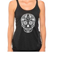 sugar skull tank top - sugar skull - black skull tank top - sugar skull clothing - skull clothing - boho clothing - hall