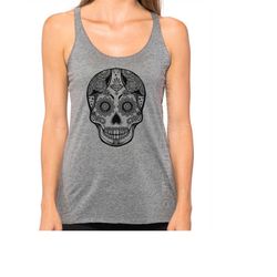 sugar skull shirt - sugar skull tank top - grey skull tank top - sugar skull clothing - skull clothing - boho sugar skul