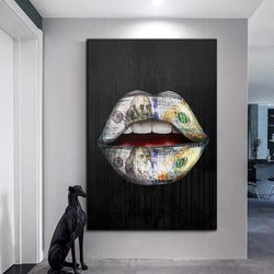 dollar covered lip canvas wall art, graffiti lip canvas wall decor, black background and lip canvas print art