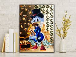 duck and dollar canvas painting, paint textured graffiti duck painting, dollar and money canvas painting-1