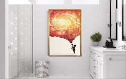 kid painting the sky canvas wall art, kid making balloons canvas wall decor, sky and stars canvas print art