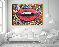 lip graffiti canvas painting, lip canvas print, grafiti lip canvas wall decor, colorful lip canvas print, pop art, graff