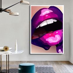 purple lip canvas wall art, sexy lip canvas wall art, shining lip canvas wall art, ready-to-hang canvas print art, pop a