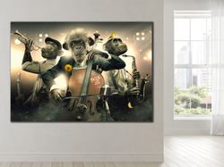 three monkey wall art, jazz band canvas, musician monkeys,  costumed animals jazz band decor, monkey canvas decor, abstr