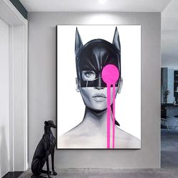 woman in black hat canvas wall art, woman with pink eyes canvas wall art, woman in mask canvas wall art