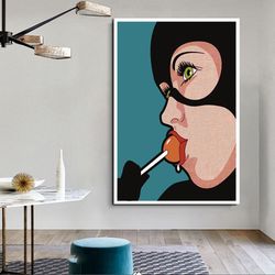 woman with mask licking lollipop canvas wall art, woman with red lipstick canvas print art, pop art, women pop art, oran