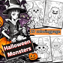 Halloween monsters, 27 coloring pages for kids, witch, pumpkin, bats, skulls