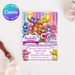 care bear invitation, care bear invites, care bear birthday invitation, care bear birthday party invitation, care bear