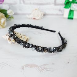 black crown bridal, crystals hematite hair jewelry, gothic wedding headband women, embellished beaded hair accessories