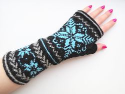 fair isle nordic finger-less gloves hand knitted women finger-less mittens scandinavian snowflake christmas gift for her