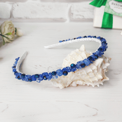 navy blue quartz crown wedding, gemstone blue hair piece, crystal bridal headband, embellished tiara, birthday gift girl