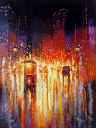 tram painting original oil painting on canvas, modern city original art by "walperion paintings"