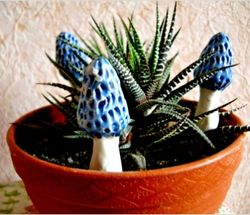 set of 2. large blue morel mushrooms ceramic planter decoration handmade garden