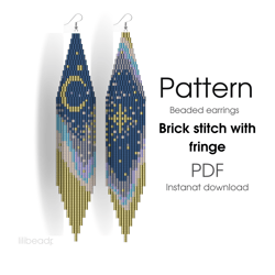 beaded earrings moon pattern for brick stitch with fringe - night sky - instant download