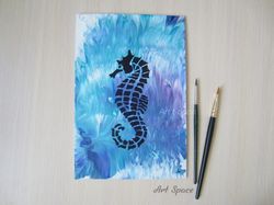 original painting seahorse. canvas on cardboard, acrylic painting, for bedroom seahorse-canvas on cardboard-animal-blue