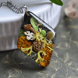 real mushrooms and lichen pendant. forest pendant. dried mushroom jewelry.