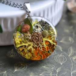 real mushrooms and lichen pendant. forest pendant. dried mushroom jewelry.