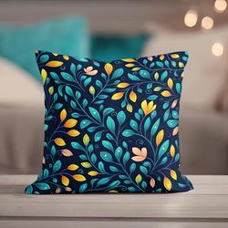 blue pillow, throw pillow covers, folk leaves decor, pillowcase, fall pillow cover, cute nature pillow, couch pillow, tu