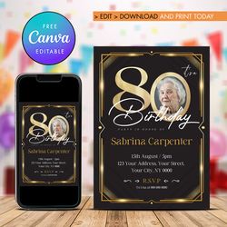 80th birthday invitation with photo, eighty birthday invitation canva editable and printable