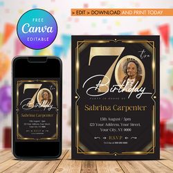 70th birthday invitation with photo, seventy birthday invitation canva editable and printable