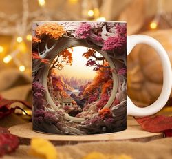 3d autumn pink landscape cracked hole mug