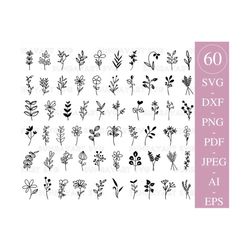 60 Floral Bundle Svg Files For Cricut, Botanical Flower PNG , Simple Flower Svg, Spring Wildflower SVG, DXF Cut File, Pd