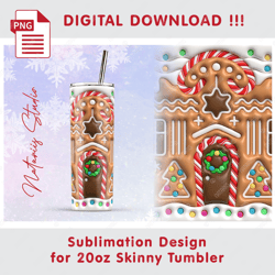 3d inflated puff christmas cookie house - seamless sublimation pattern - 20oz skinny tumbler - full wrap