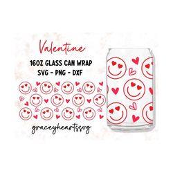 valentine libbey glass svg, smile face glass can wrap, heart libbey glass, love 16oz beer glass can svg, happy face svg,