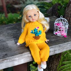 13" paola reina 2 pc outfit for fall wear. doll clothes - yellow knit cactus embroidery pullover sweater, pants