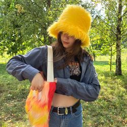 bright yellow faux fur hat. faux fur bucket hat. festival fuzzy neon hat. acid yellow fluffy hat. rave shaggy bucket hat