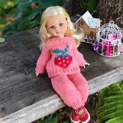 13" paola reina 2 pc outfit for fall wear. doll clothes - pink knit strawberry embroidery pullover sweater, pants