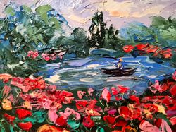 bright poppies lake boat sunset impasto oil painting flowers original artist svinar oksana